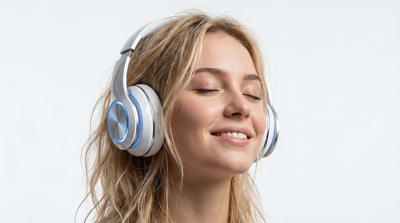 woman, headphones, music, portrait, technology, silver, sound, calm, white background, lifestyle, modern, beautiful, peaceful, closeup, studio, relaxation, person, beauty, serene